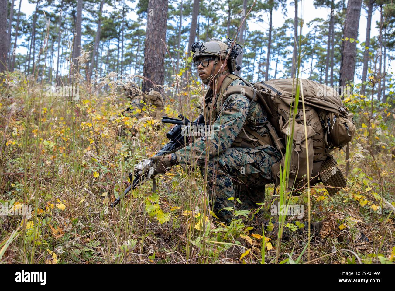 David Polack, un Marine di supporto al fuoco con la 2nd Air Naval Gunfire Liaison Company, II Marine Expeditionary Force Information Group, stabilisce la sicurezza durante Bold quest '24 alla base dei Marine Camp Lejeune, Carolina del Nord, 29 ottobre 2024. Bold quest '24 è una struttura multinazionale sponsorizzata da uno staff congiunto, progettata per migliorare e sviluppare l'interoperabilità. (Foto del corpo dei Marines degli Stati Uniti di Jacquilyn Davis) Foto Stock