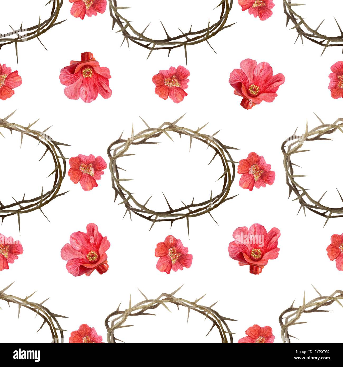 Corona di spine, fiori rossi simboli di acquerello sangue senza cuciture motivo isolato su bianco. Arte di alta qualità per poster, Pasqua, Pasqua, Pasqua, il Foto Stock