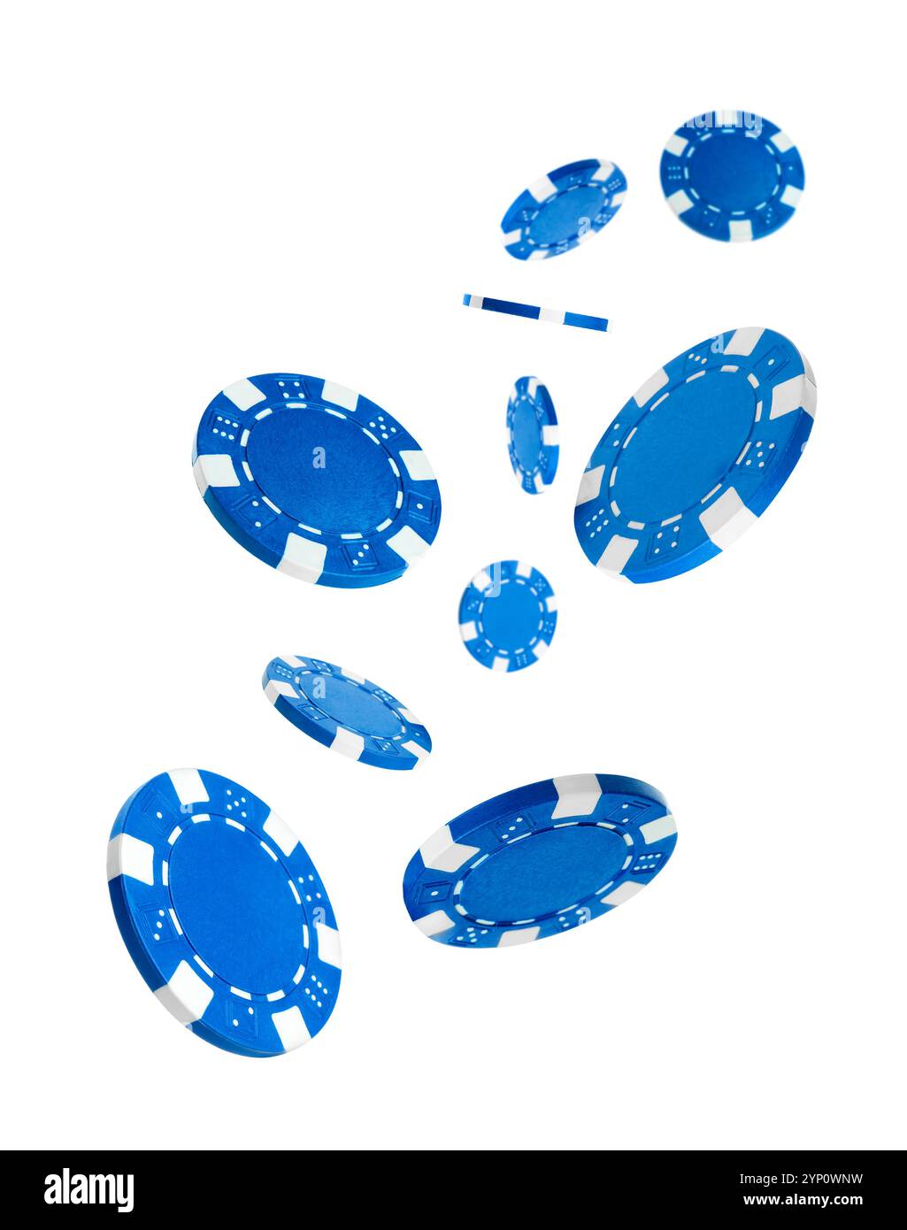 Blue Casino chips in aria su sfondo bianco Foto Stock