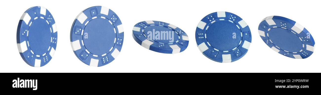 Chip blu del casinò isolato su bianco, collage Foto Stock