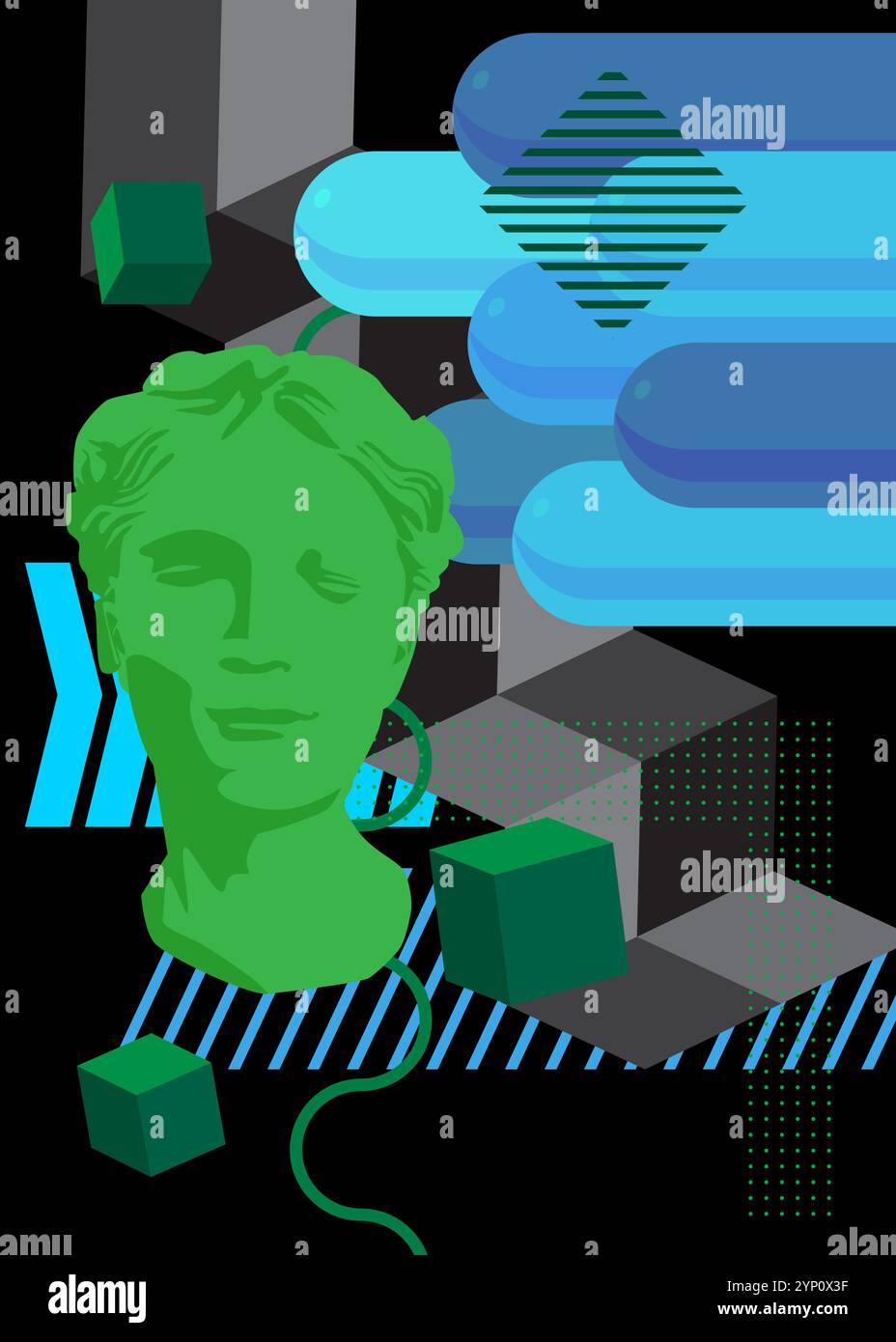 Sfondo grafico a tema retrò della statua della testa. Elementi geometrici minimi. Illustrazione vettoriale delle forme astratte vintage. Illustrazione Vettoriale