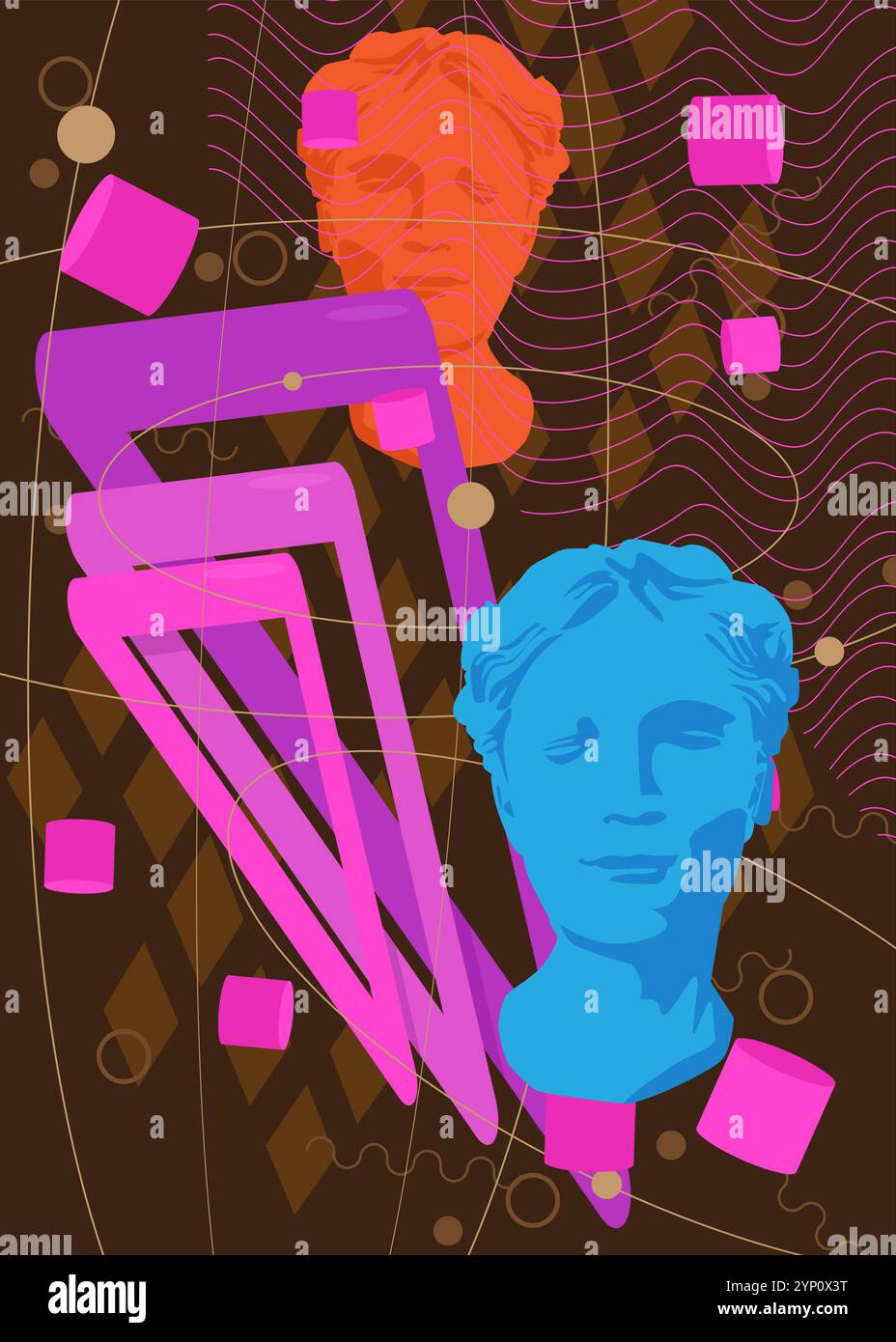 Sfondo grafico a tema retrò della statua della testa. Elementi geometrici minimi. Illustrazione vettoriale delle forme astratte vintage. Illustrazione Vettoriale