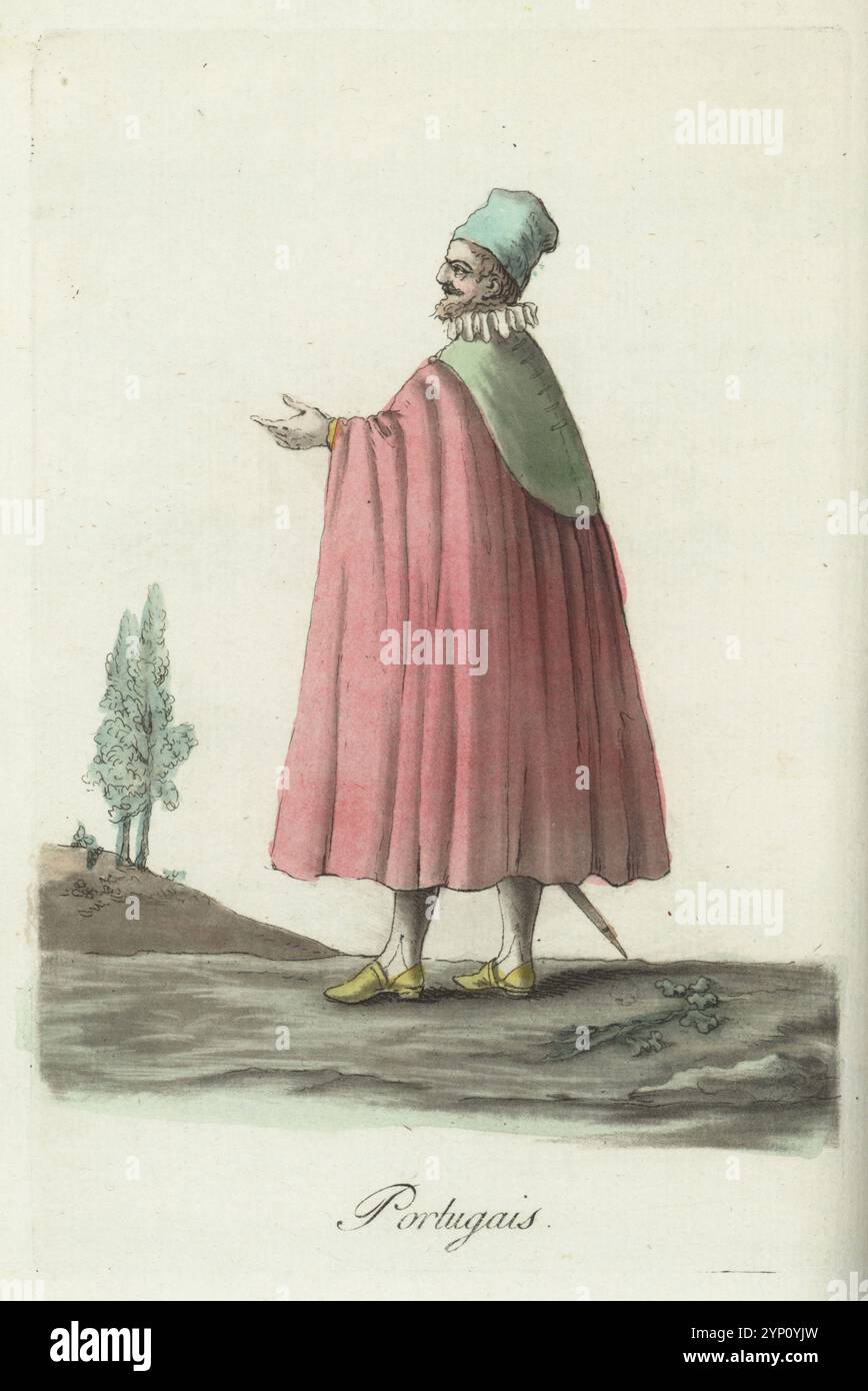 Costume di un uomo del Portogallo. Con cappello alto, colletto in gomma, mantello completo con cappuccio, tubo e scarpe, armati di spada. Portoghese. Incisione su lastra di rame colorata a mano dopo un'illustrazione di Jacques Grasset de Saint-Sauveur dai costumi civici di Sylvain Marechal actuels de tous les peuples connus, dessines d'apres nature, costumi civili attuali di tutti i popoli conosciuti, tratti dalla natura, Chez Pavard, Parigi, 1788. Foto Stock