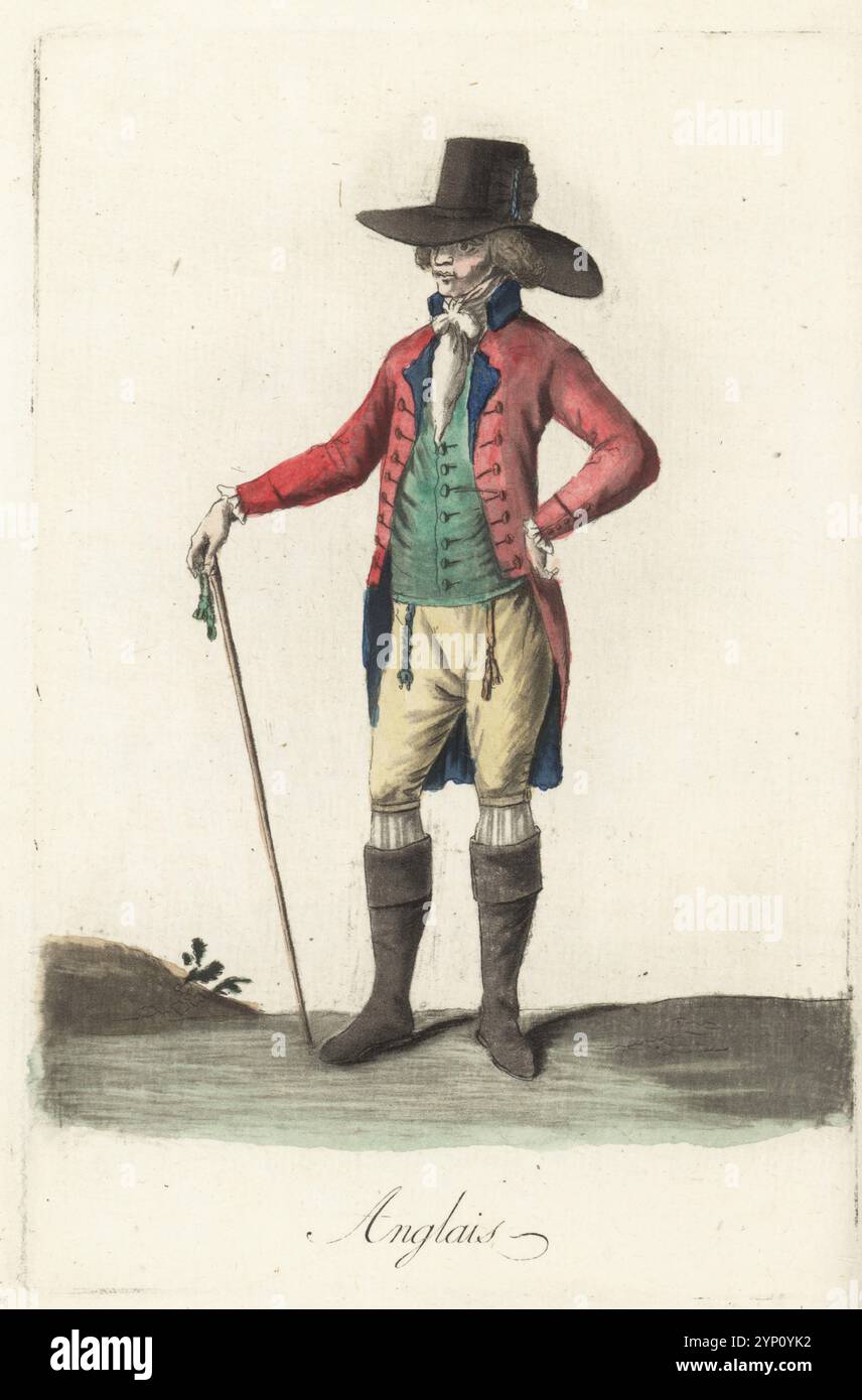 Costume di un uomo inglese, XVIII secolo. In cappello alto con bordo largo e cockade, manto da equitazione, cravatte, gilet, bretelle, stivali, con un bastone. Anglais. Incisione su lastra di rame colorata a mano dopo un'illustrazione di Jacques Grasset de Saint-Sauveur dai costumi civici di Sylvain Marechal actuels de tous les peuples connus, dessines d'apres nature, costumi civili attuali di tutti i popoli conosciuti, tratti dalla natura, Chez Pavard, Parigi, 1788. Foto Stock