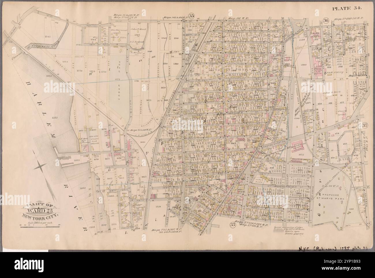 Targa 34: Delimitata da 161st Street, St. Ann's Avenue, Clifton Street, Forest Avenue, West Chester Avenue, Robbins Avenue, 144th Street, Mott Avenue, 148th Street, Harlem River e Jerome Avenue 1885 di Robinson, E. (Elisha) Foto Stock