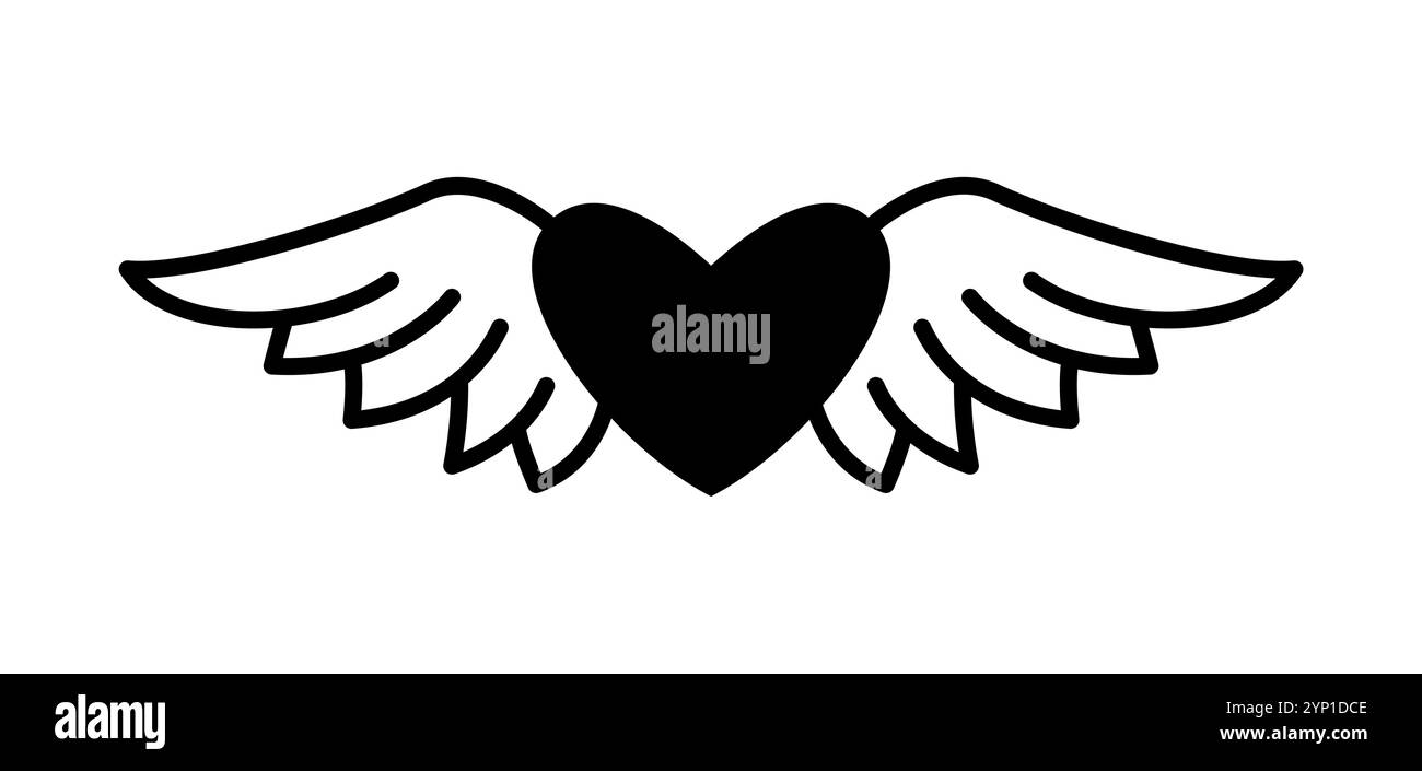 Tatuaggio Y2K di cuore con ali. Design minimalista in bianco e nero vettoriale isolato di un cuore alato, che simboleggia la libertà, l'amore e le qualità angeliche nella cultura emo. Icona romantica e stimolante Illustrazione Vettoriale