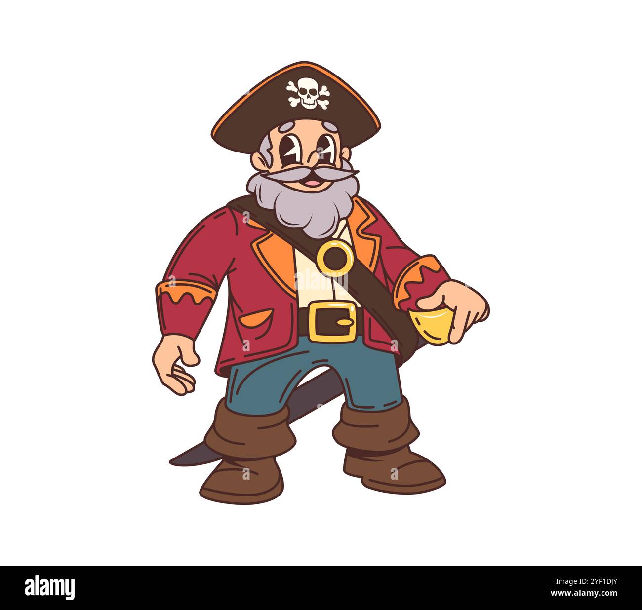 Pirata dei cartoni animati, marinaio corsaro allegro personaggio. Nave a vela filibuster equipaggio skipper o capitano personaggio vettoriale isolato, corsaro bandito boatswain o marinaio pirata caraibico Happy mascotte Illustrazione Vettoriale