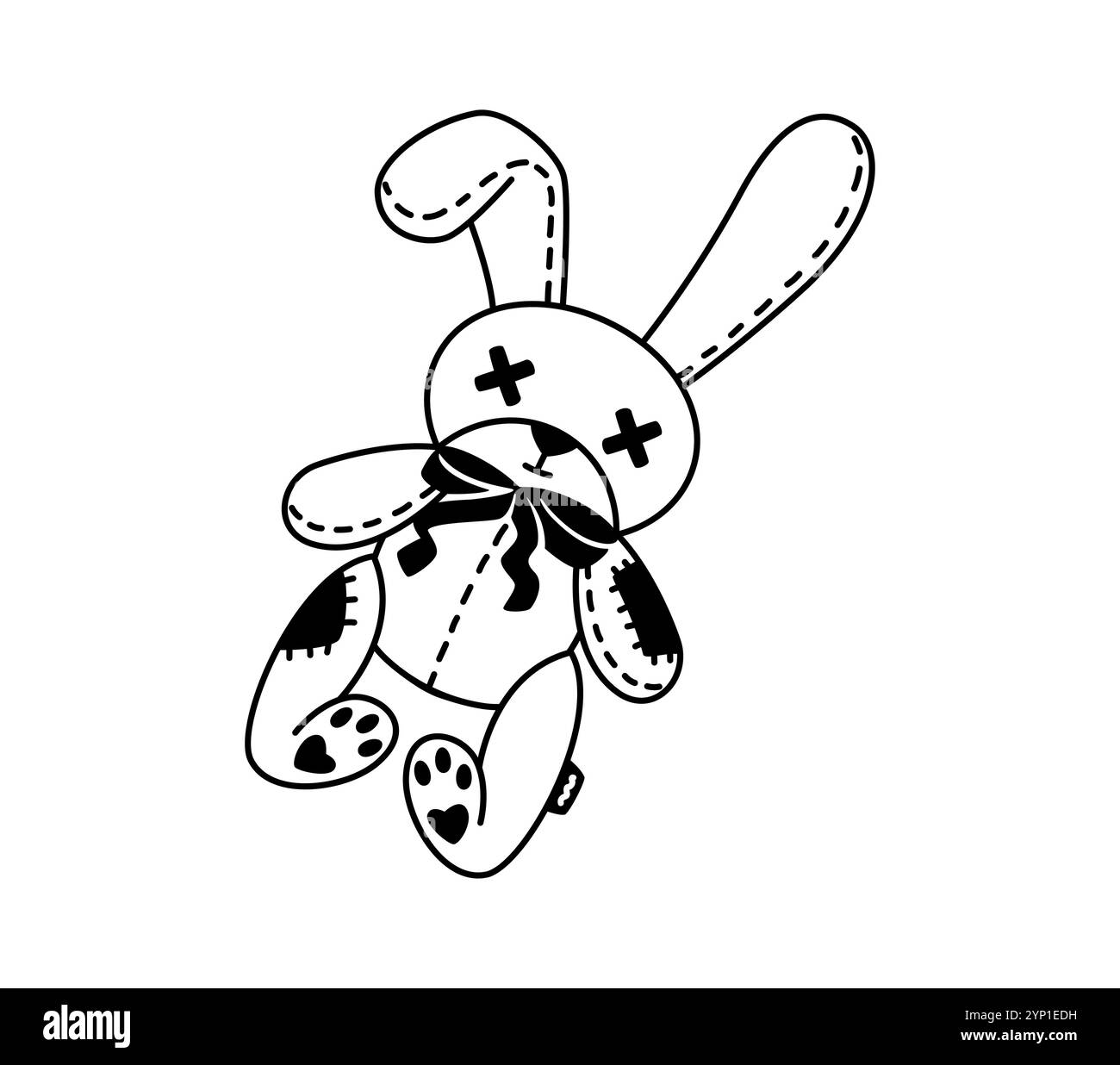 Tatuaggio Y2K con cuciture monocromatiche, peluche infranto coniglietto con occhielli e un'espressione triste. Coniglio bianco e nero vettoriale con toppe e cuciture, trasmette abbandono, tristezza, estetica gotica Illustrazione Vettoriale