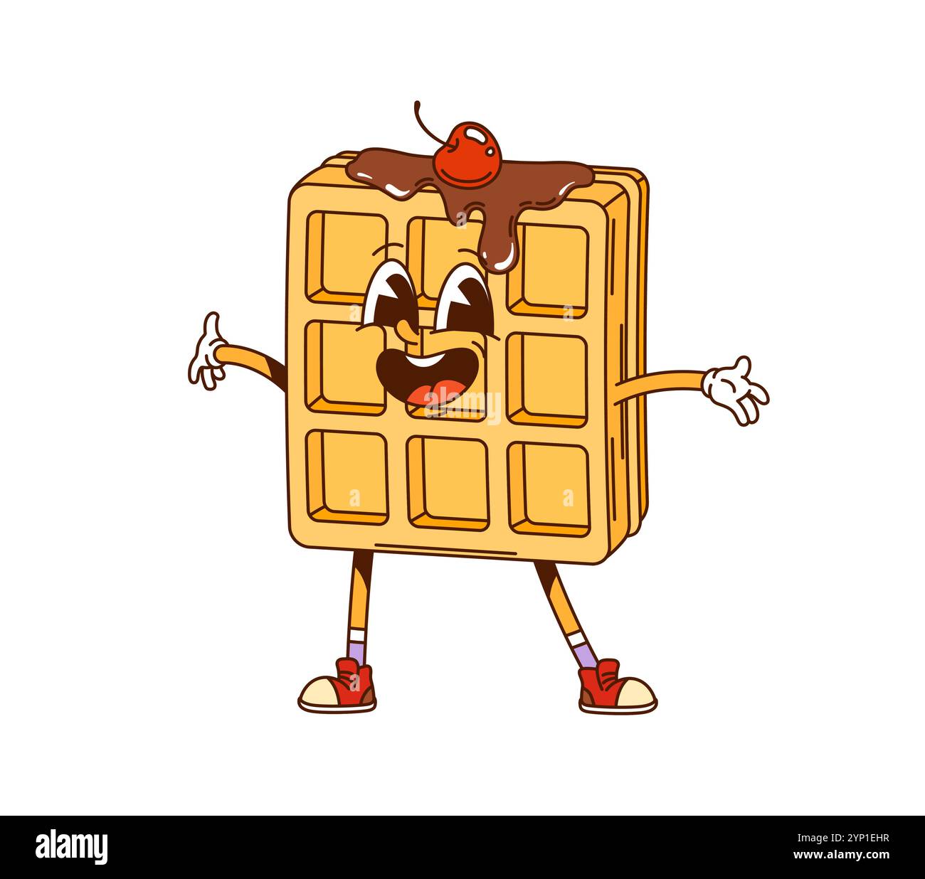 Waffle belgi cartoni animati con salsa al cioccolato e ottimo fast food. Wafer vettoriale isolato con gocciolamento e ciliegia. Delizioso antipasto fresco, un personaggio retrò, uno spuntino hippie di pasticceria eccentrica anno 2000 Illustrazione Vettoriale