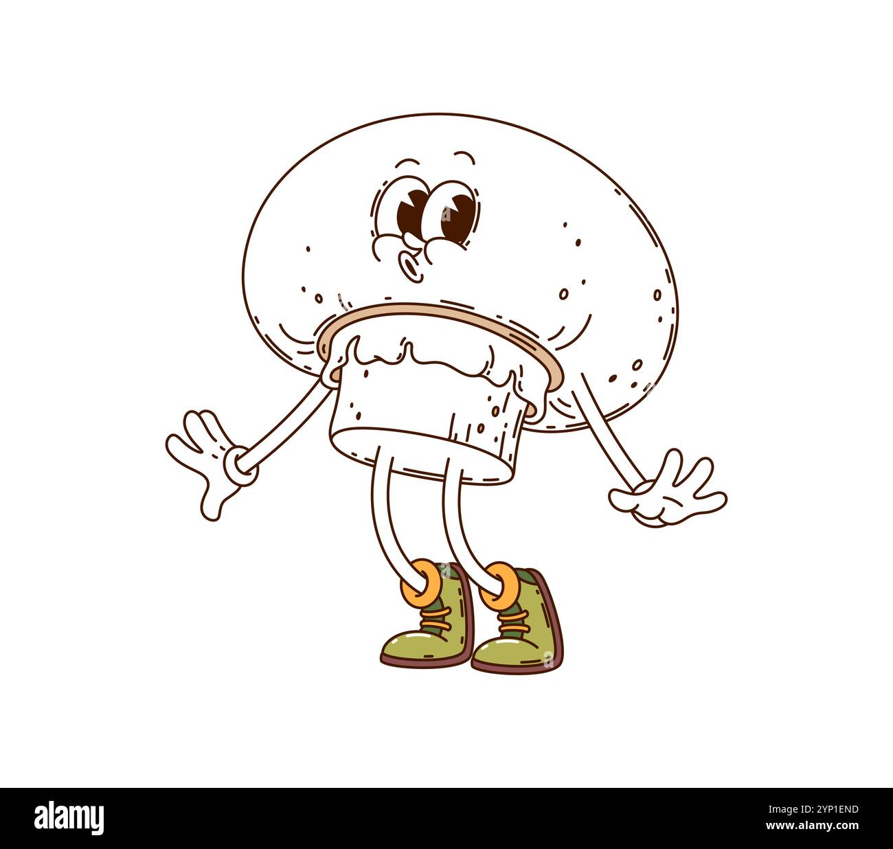 Cartoni animati, champignon vegetale. Un vettoriale isolato, un fungo allegro e allegro fischietto. Fungo hippie con occhi espressivi indossando sneakers retrò, con un viso felice e rilassato Illustrazione Vettoriale