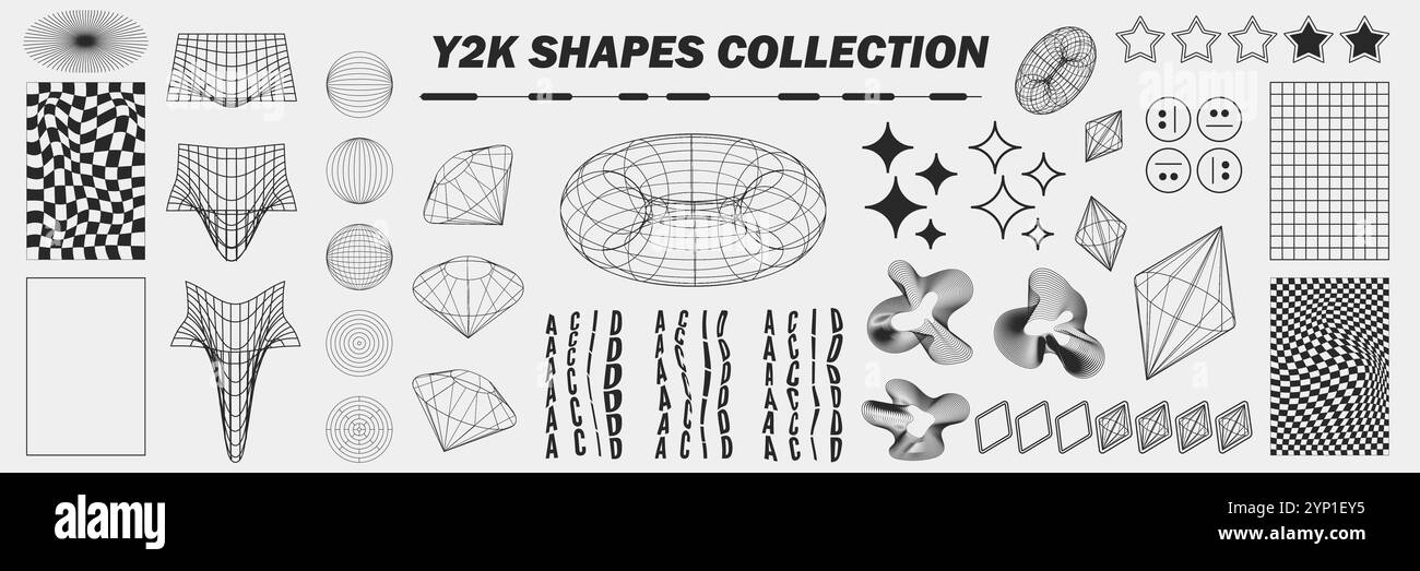 Geometrie astratte con struttura a reticolo forme e motivi, elementi cyberpunk, segni e griglie prospettiche. Segni retrò geometrici surreali. Rave futu psichedelico Illustrazione Vettoriale