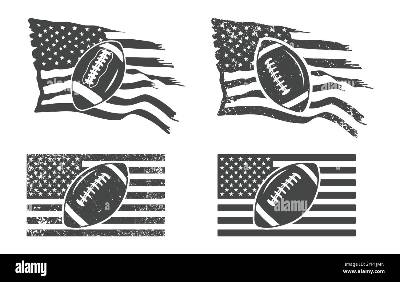 Football americano con sagome a bandiera, sagome a bandiera del football americano, sagome a bandiera del football americano, vettori di bandiera del football americano Illustrazione Vettoriale