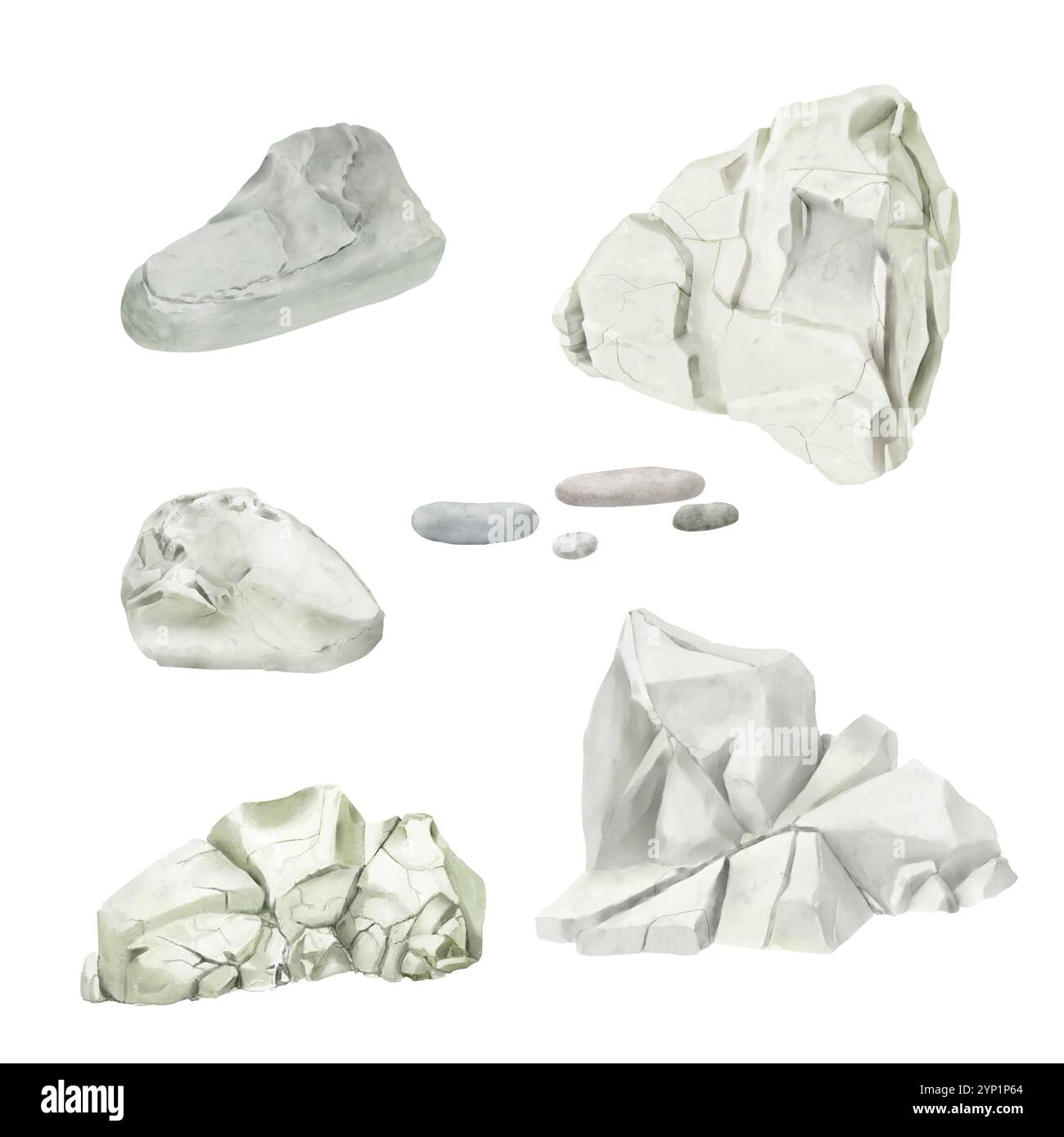 Pietra grigia, massi e frammenti di roccia in set. Illustrazione digitale acquerello. Pietra di grafite e pietre di roccia, massi boschivi isolati su bianco Foto Stock