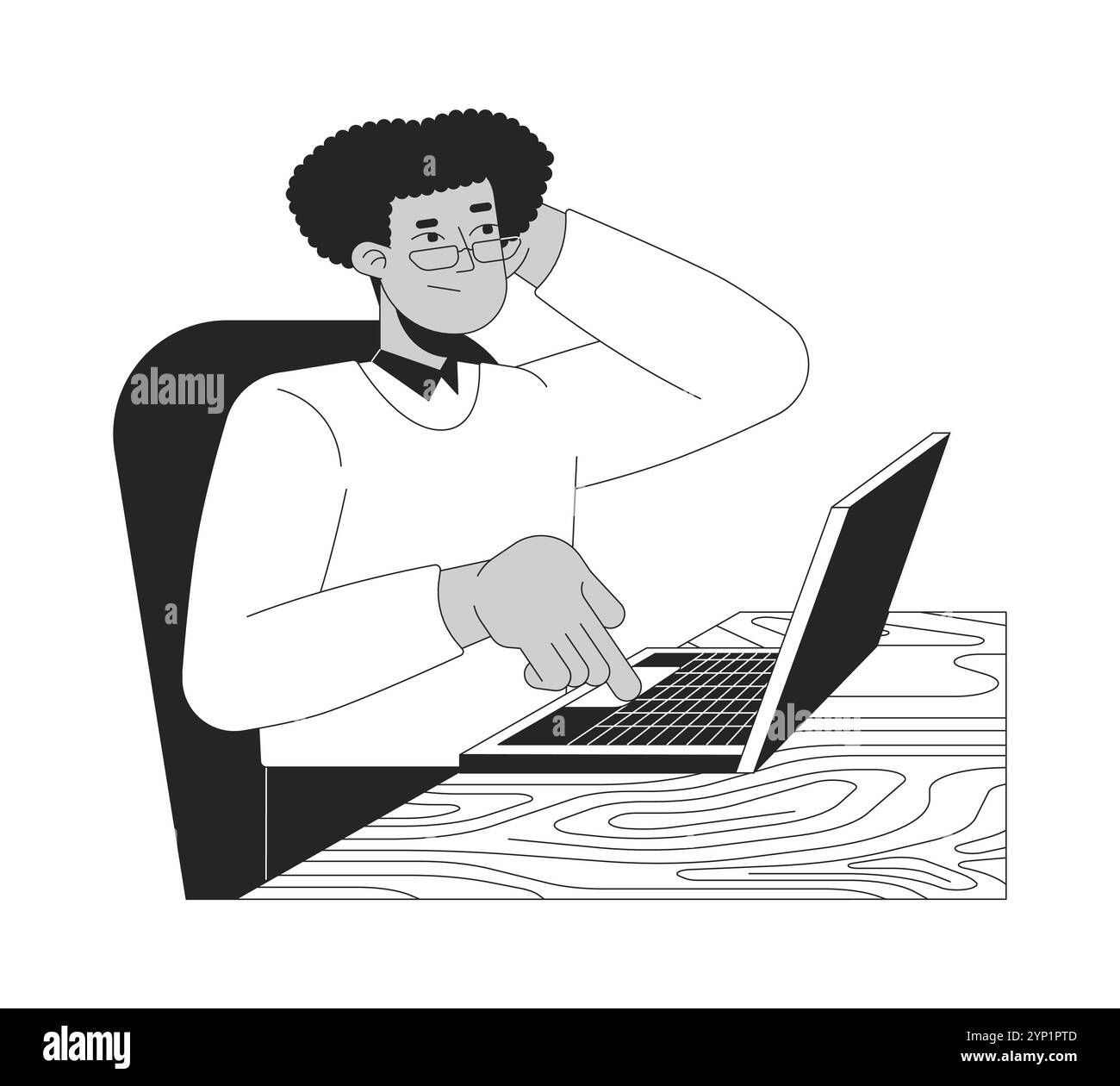 Impiegato ispanico confuso che fa clic sulla tastiera sul laptop sul carattere di linea 2D in bianco e nero Illustrazione Vettoriale