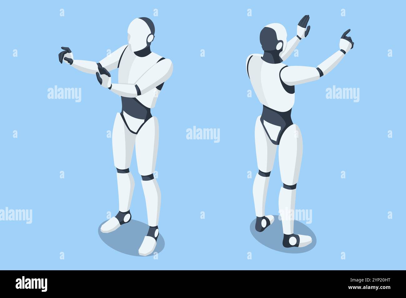 Il robot isometrico con intelligenza artificiale opera all'interno di un'interfaccia virtuale in un ambiente cibernetico, gestendo i processi aziendali globali Illustrazione Vettoriale