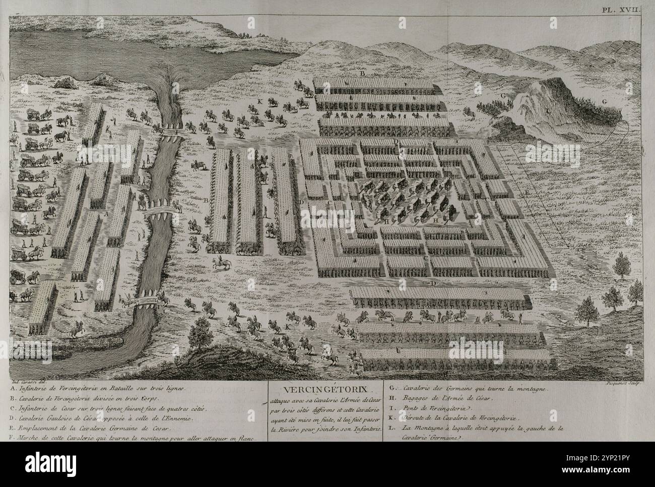 Guerre galliche (58 a.C.-50 a.C.). Vercingetorix attacca l'esercito di Cesare con la sua cavalleria su tre lati diversi. Questa cavalleria, essendo stata sconfitta, attraversa il fiume per unirsi alla sua fanteria. Incisione. "Commentaires de Cesar, avec des notes historiques, critiques et militaires" del conte Turpin de Crissé. Volume II pubblicato a Montargis e venduto a Parigi, 1785. Foto Stock