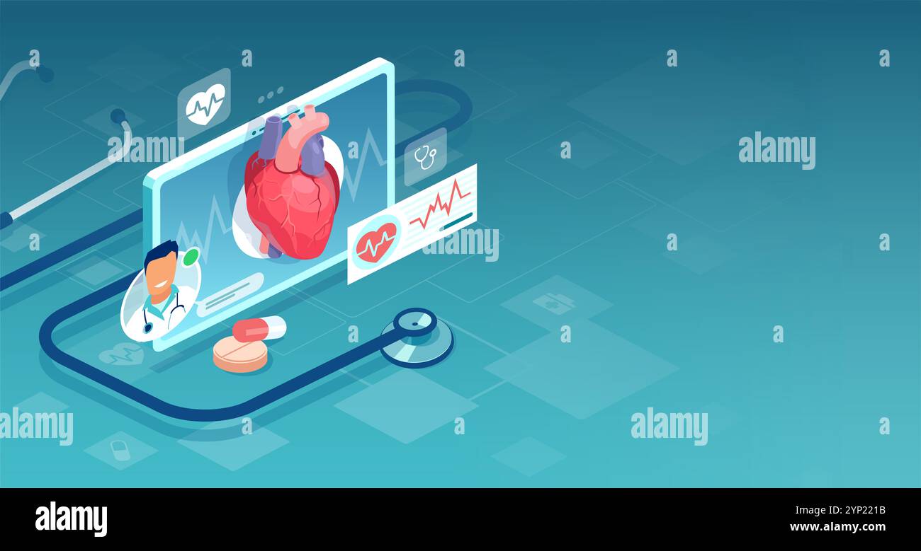 Vettore di un cardiologo che fornisce consulenza online: Telemedicina e concetto di medico online Foto Stock