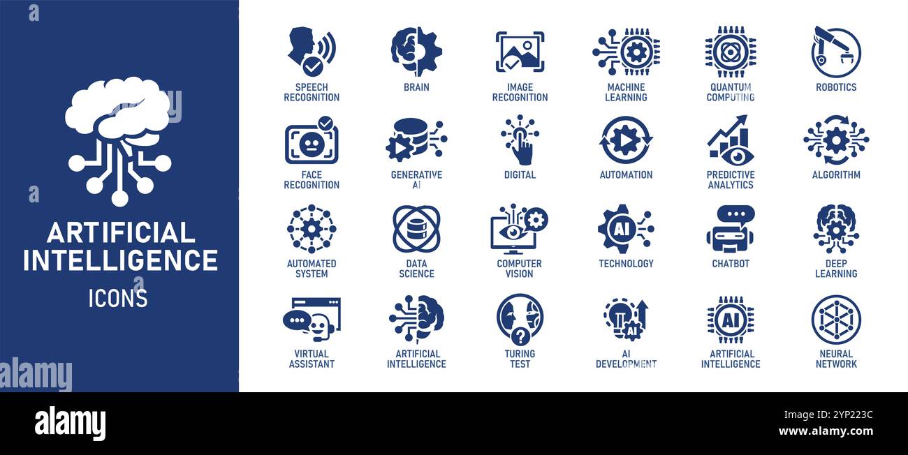 Set di illustrazioni delle icone di intelligenza artificiale. Foto Stock