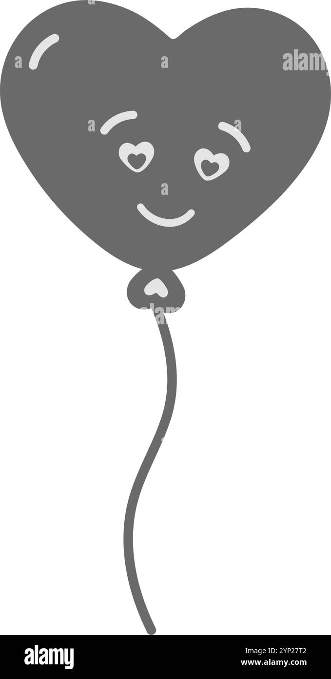 Palloncino a forma di cuore con faccia sorridente su corda in scala di grigi, concetto di elemento di design per il Black Day. Illustrazione vettoriale isolata schede tematiche, pubblicazione, promozione blog o Web, opuscolo, prezzo, etichetta Illustrazione Vettoriale