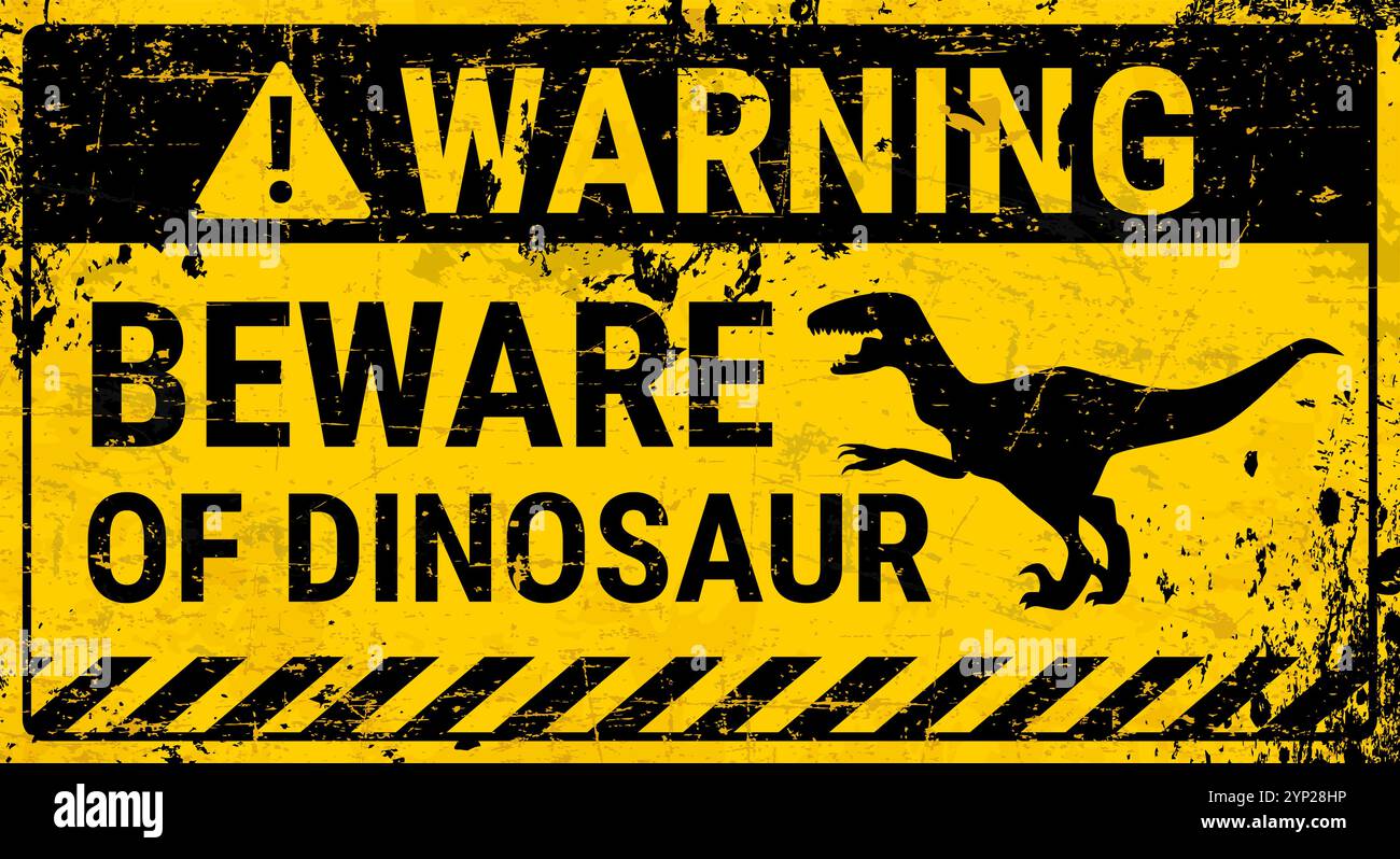 Cartellone in metallo grunge di avvertimento dinosauro con sagoma vettoriale del velociraptor, nastro giallo di attenzione e simbolo del triangolo. Fate attenzione allo striscione di avvistamento di dinosauri o all'adesivo con un animale dino ruggente Illustrazione Vettoriale