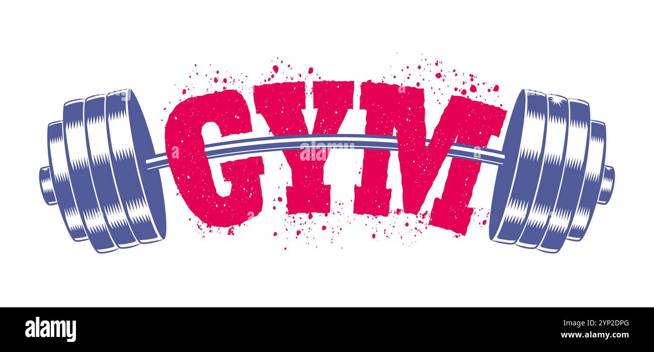 Emblema Vector vintage per palestra con barbell. Illustrazione vettoriale del logo sportivo. Emblema del campana in acciaio per il bodybuilding e il fitness. Illustrazione Vettoriale