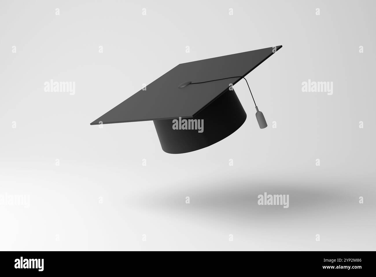 Cappello con graduazione nera che galleggia a mezz'aria su sfondo bianco in bianco, minimalismo e monocromatico. Concetto di laureati universitari e di istruzione terziaria Foto Stock