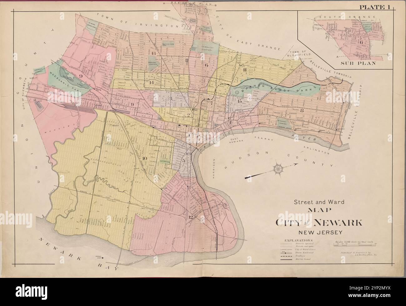 Essex County, V. 3, Double Page Plate No. 1 [Mappa di strada e ward mappa della città di Newark, NJ] 1906 di A.H. Mueller (editore) Foto Stock