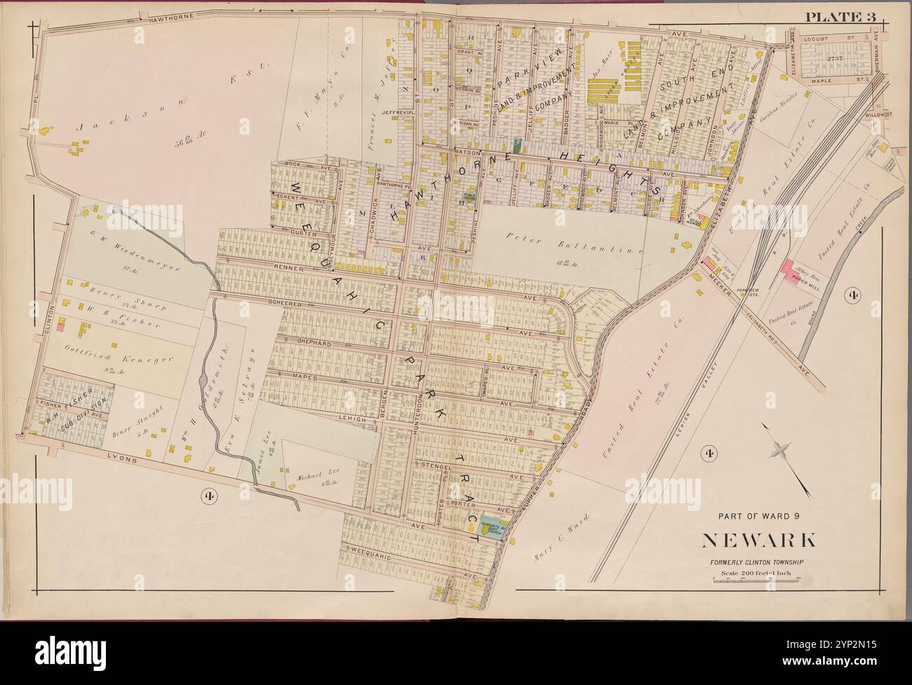 Essex County, V. 3, Double Page Plate No. 3 [Mappa delimitata da Hawthorne Ave., Meeker Ave., Weequahic Ave., Lyons Ave., Clinton PL.] 1906 di A.H. Mueller (editore) Foto Stock