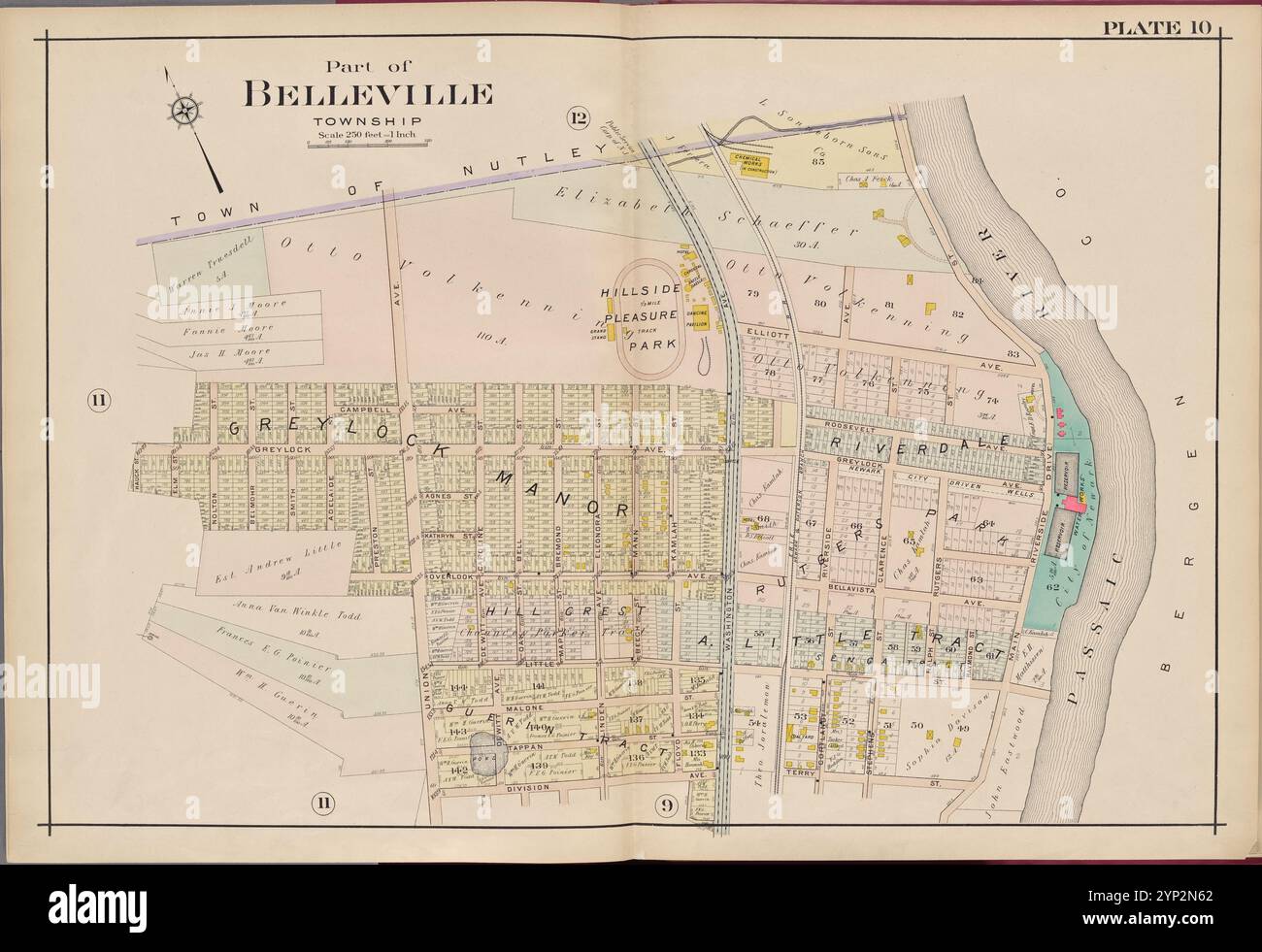 Essex County, V. 3, Double Page Plate No. 10 [Mappa delimitata da Town of Nutley, Passaic River, Terry St., Division Ave., Hauck St.] 1906 di A.H. Mueller (editore) Foto Stock