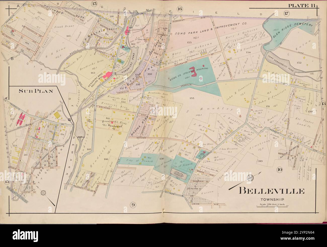 Essex County, V. 3, Double Page Plate No. 11 [Mappa della città di Belleville] 1906 di A.H. Mueller (editore) Foto Stock