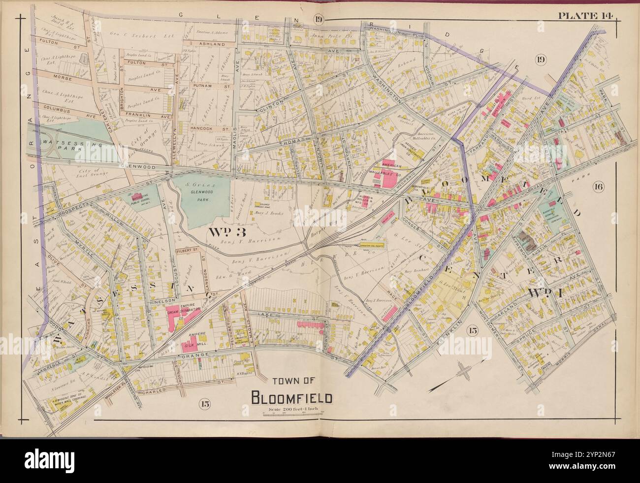 Essex County, V. 3, Double Page Plate No. 14 [Mappa delimitata da Washington PL., Park St., Liberty St., Morris Canal, Charles St.] 1906 di A.H. Mueller (editore) Foto Stock