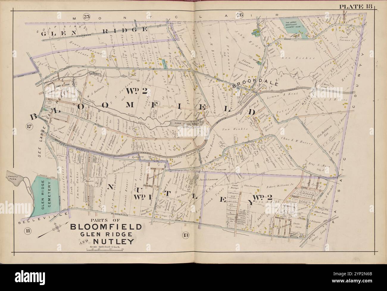 Essex County, V. 3, Double Page Plate No. 18 [Mappa di parti di Bloomfield, Glen Ridge and Nutley] 1906 di A.H. Mueller (editore) Foto Stock