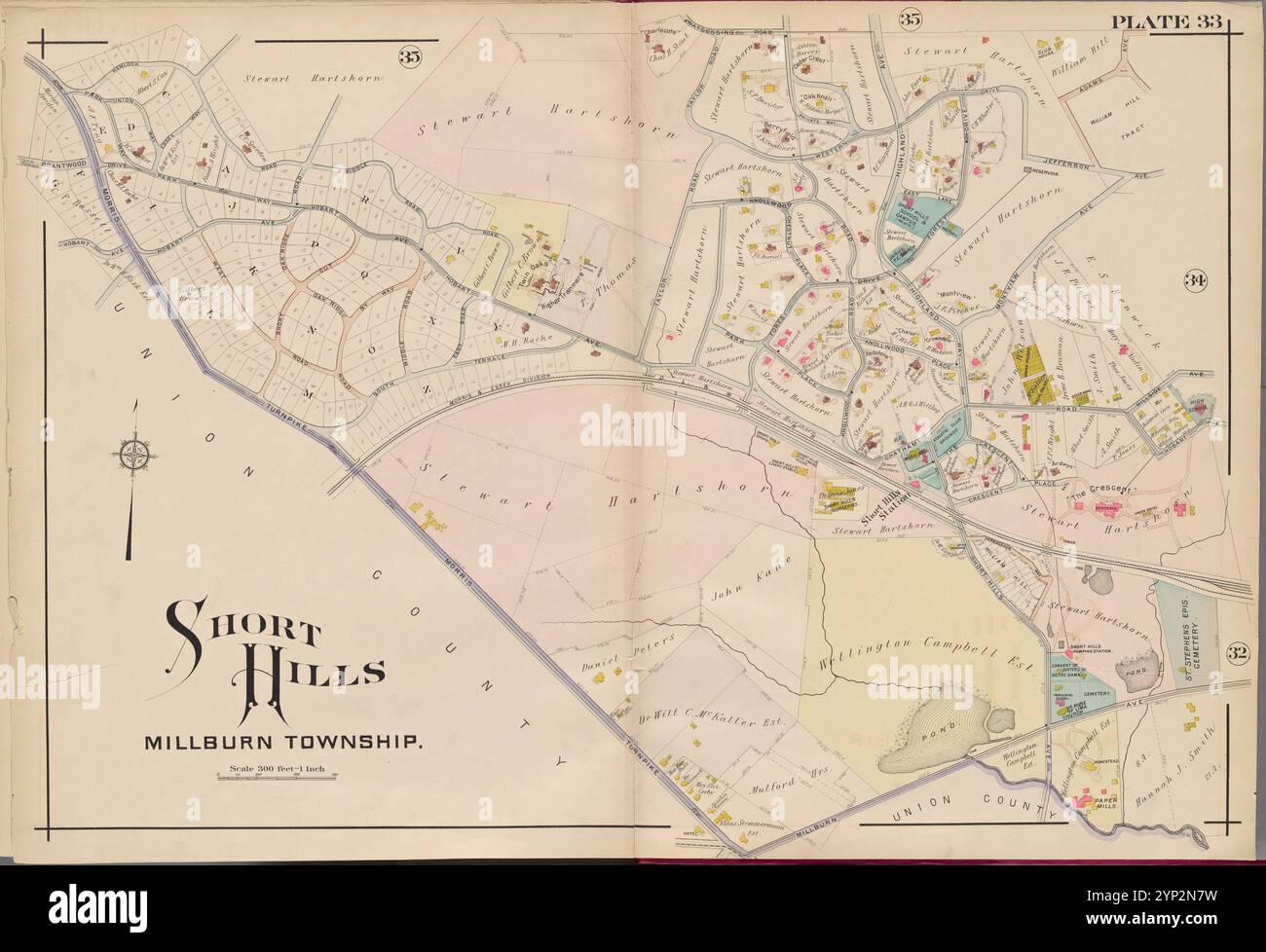 Essex County, V. 3, Double Page Plate No. 33 [Mappa delimitata da Short Hills Millburn Township] 1906 di A.H. Mueller (editore) Foto Stock