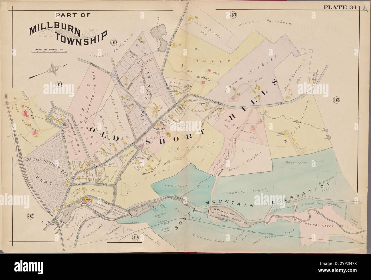 Essex County, V. 3, Double Page Plate No. 34 [Mappa delimitata da parte di Millburn Township] 1906 di A.H. Mueller (editore) Foto Stock