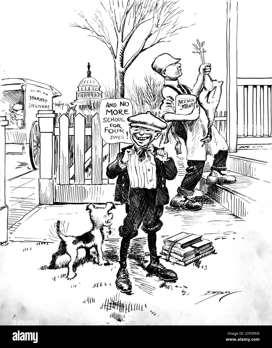 Questa illustrazione intitolata "Unalloyed Thanksgiving", del fumettista Clifford Berryman, apparsa su The Washington Evening Star il 24 novembre 1915, raffigura la pura gioia dello scolaro, che non è solo quello di ricevere un ottimo pasto, ma ha quattro giorni di vacanza da scuola Foto Stock