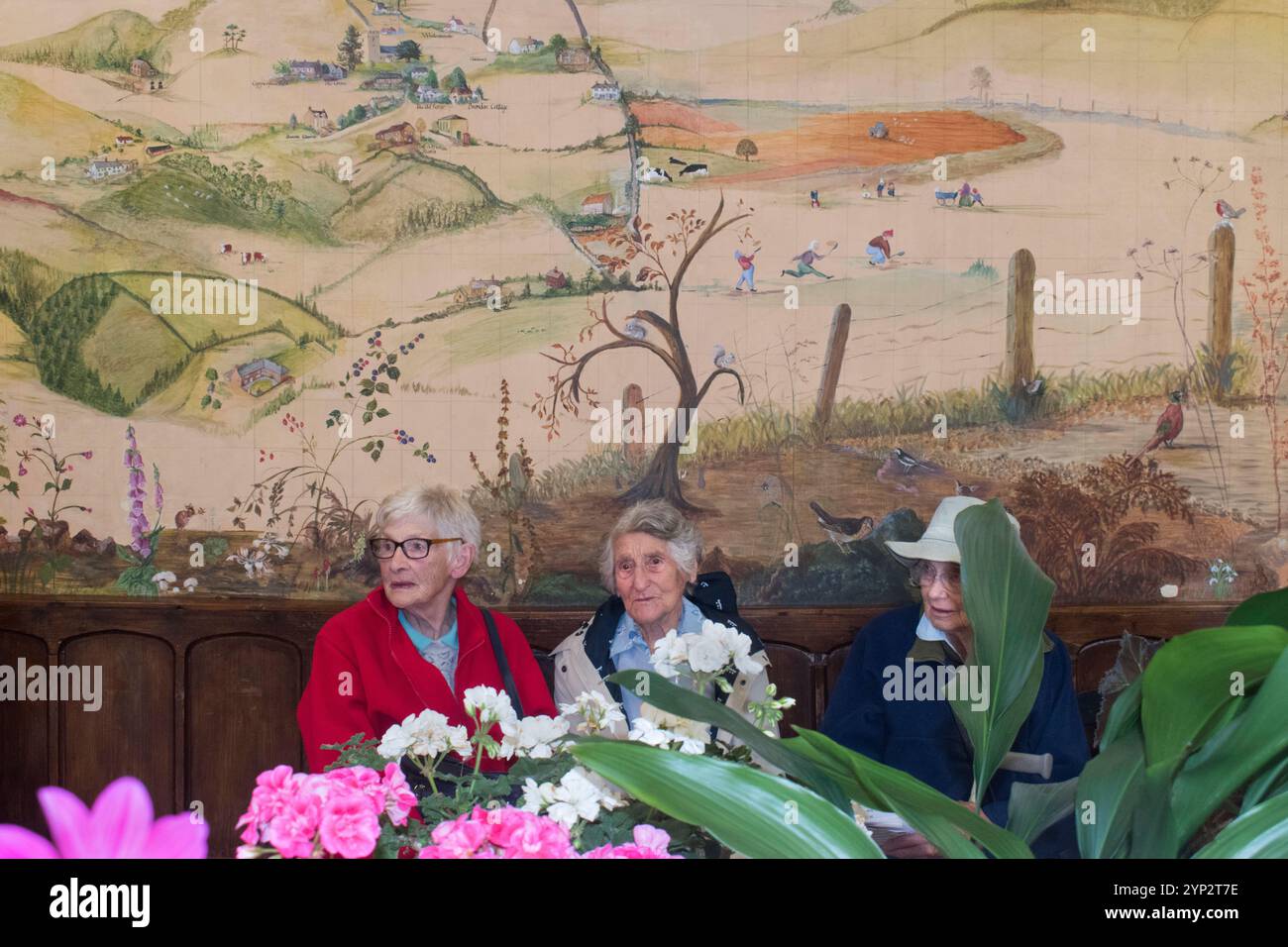 Mostra dei fiori del villaggio degli anni '2010 Regno Unito. Donne anziane ad un evento della comunità Brompton Ralph, Somerset 2019. Murale sul muro del municipio del villaggio è della loro comunità nella West Country England HOMER SYKES Foto Stock