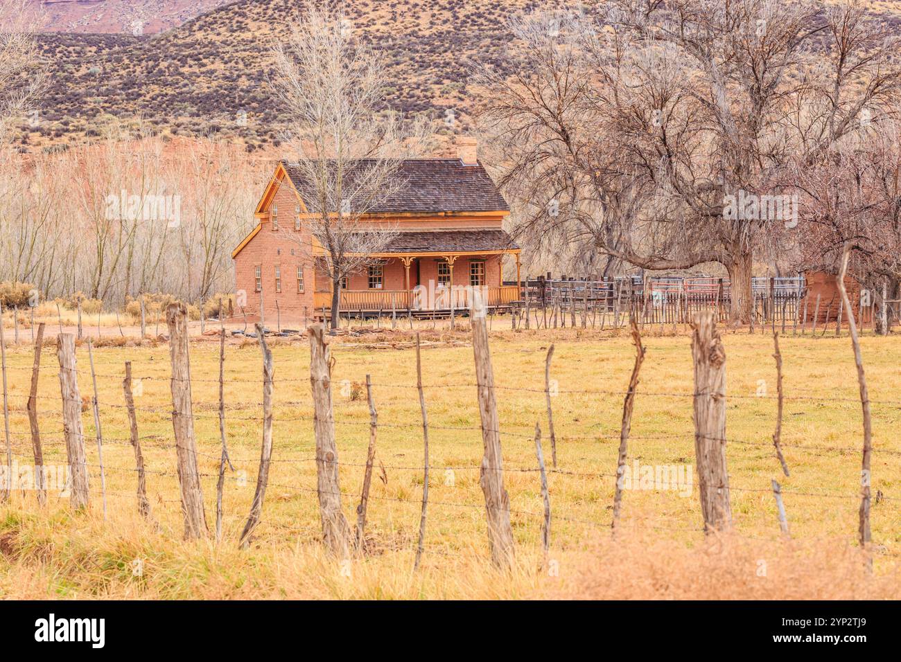 Una casa colonica rustica si trova in un campo con una recinzione intorno ad esso. La casa è circondata da una recinzione e da alcuni alberi. La scena è tranquilla e serena, con Foto Stock