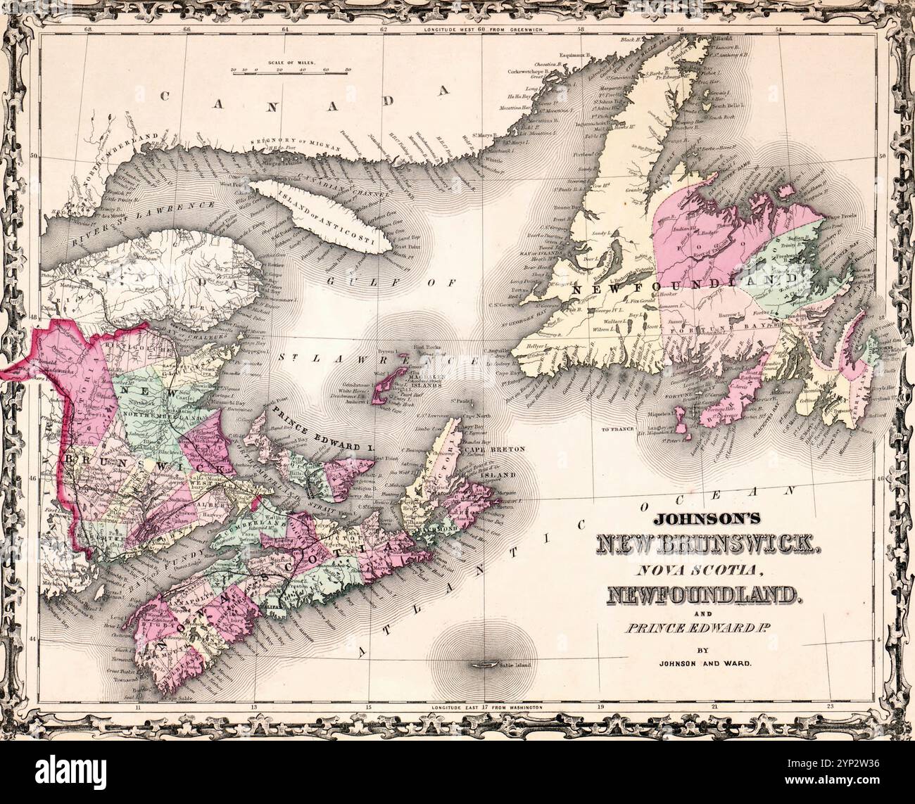 New Brunswick, nuova Scozia, Terranova e Isola del Principe Edoardo - la nuova famiglia illustrata di Johnson (lamiera d'acciaio) atlas, con descrizioni, geografiche, statistiche e storiche Foto Stock