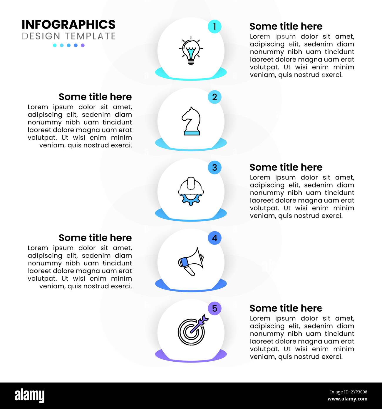 Modello infografico con icone e 5 opzioni o passaggi. Cerchi. Può essere utilizzato per il layout del flusso di lavoro, il diagramma, il banner, il webdesign. Illustrazione vettoriale Illustrazione Vettoriale