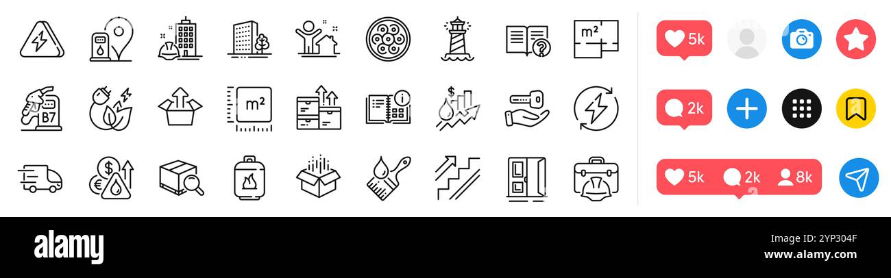 Stazione diesel, porta aperta e pacchetto icone linea metro quadrato. Per applicazioni Web. Icone dei social media. Vettore Illustrazione Vettoriale