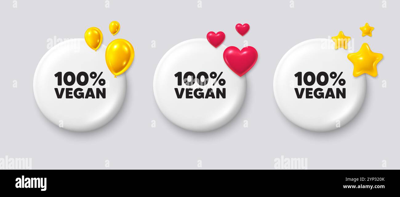 100% vegani. Segno di bio-alimento biologico. Pulsanti bianchi con icone 3D. Vettore Illustrazione Vettoriale