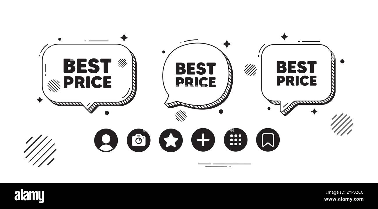 Miglior prezzo. Cartello con le offerte speciali. Il fumetto offre icone. Vettore Illustrazione Vettoriale