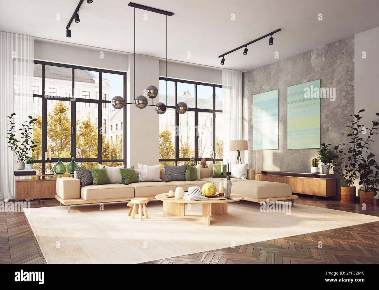 Gli interni del soggiorno sono spaziosi e moderni e presentano un grande divano beige, mobili in legno, luce naturale dalle finestre a tutta altezza, rendering 3d. Foto Stock
