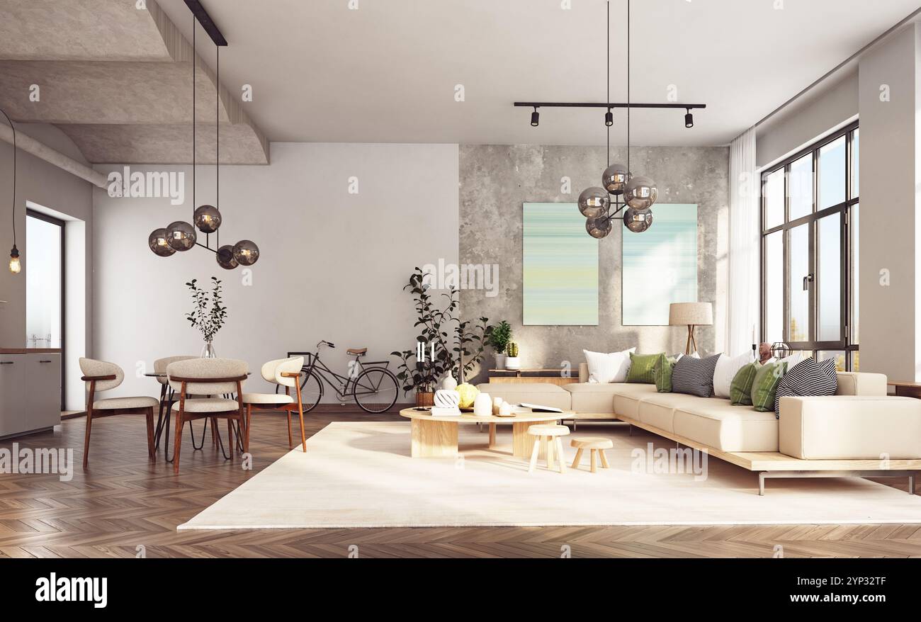 Gli interni del soggiorno sono spaziosi e moderni e presentano un grande divano beige, mobili in legno, luce naturale dalle finestre a tutta altezza, rendering 3d. Foto Stock