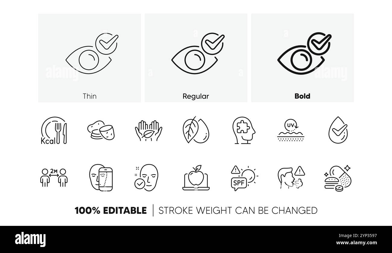 Icone delle linee di patate, commercio equo e solidale e calorie. Per applicazioni Web, stampa. Icone di linea. Vettore Illustrazione Vettoriale