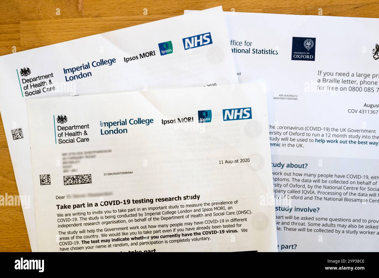 Lettere dell'Imperial College, Department of Health & Social Care & Oxford University che invitano a partecipare a 2020 studi di ricerca sui test COVID-19 Foto Stock