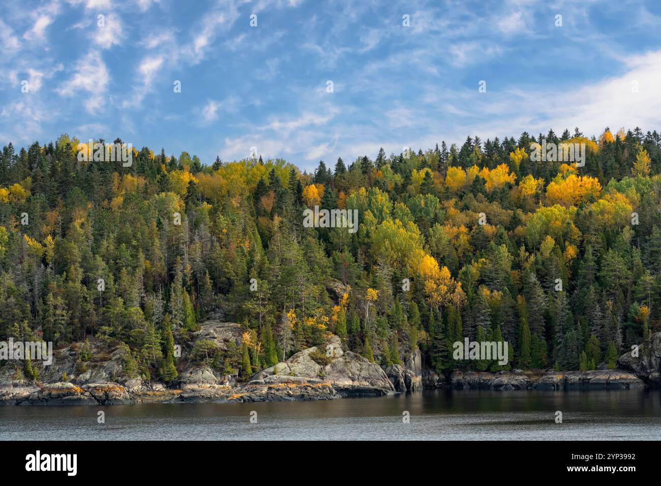 Vivaci colori autunnali lungo la costa di Saguenay, Quebec, Canada Foto Stock