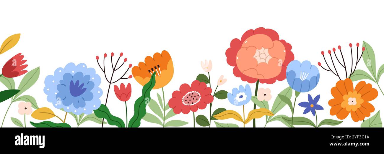 Banner orizzontale con vari fiori selvatici. Set di fiori su sfondo bianco. Lungo striscione fondo senza cuciture con vari fiori selvatici e vegetazione. Illustrazione Vettoriale