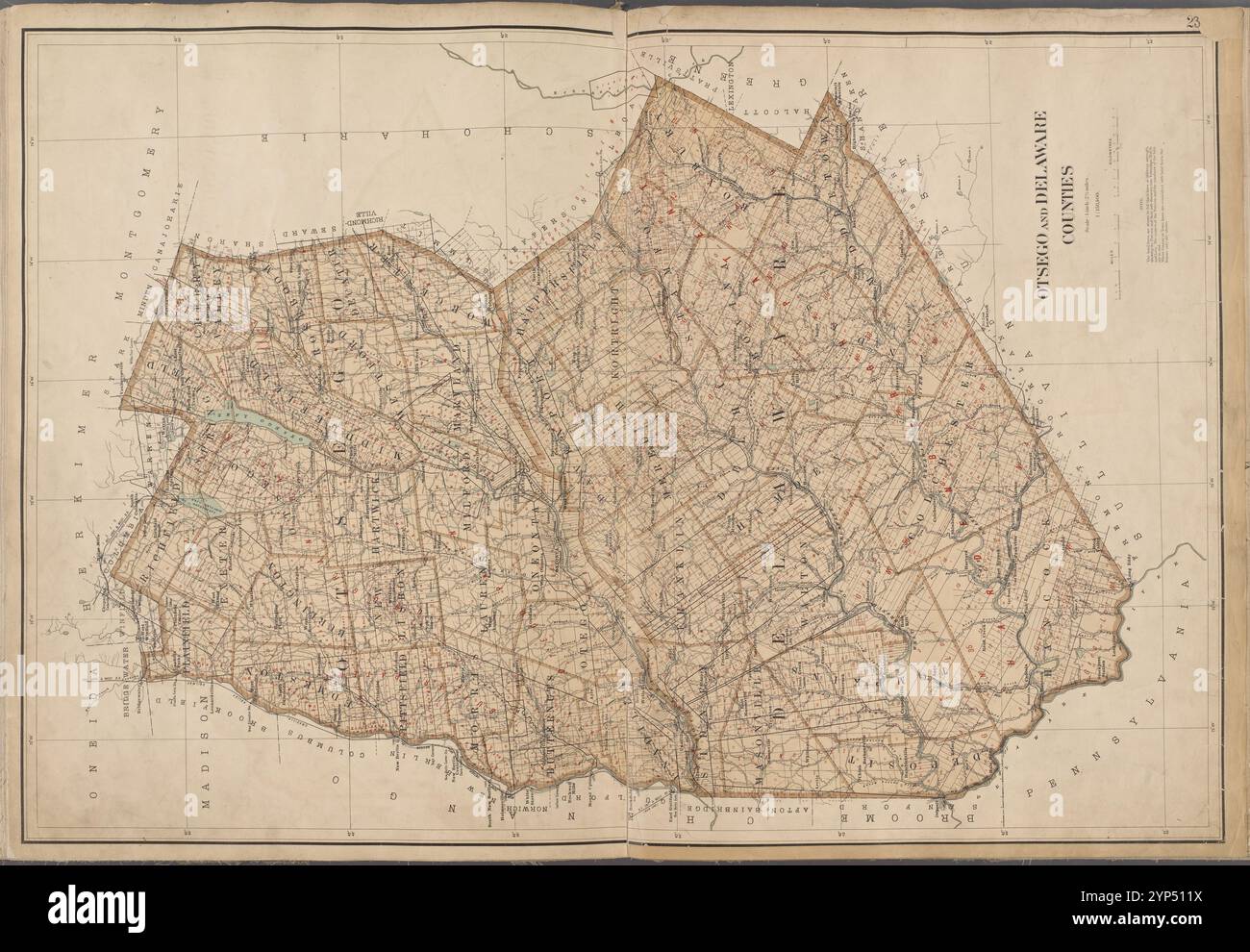 New York State, Double Page Plate No. 23 [Mappa delle contee di Otsego e Delaware] 1895 Foto Stock