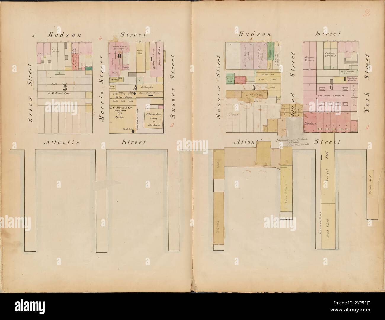 Jersey City, V. 1, Double Page Plate No. 2 [Mappa delimitata da Hudson St., York St., Atlantic St., Essex St.] 1866 Foto Stock